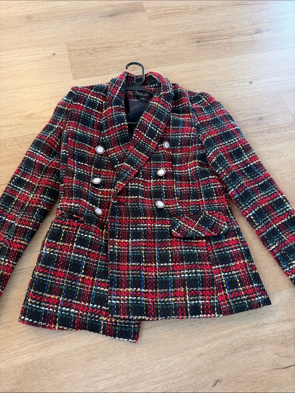 Rachel Zoe Red and Black Plaid Double-Breasted Tweed Blazer